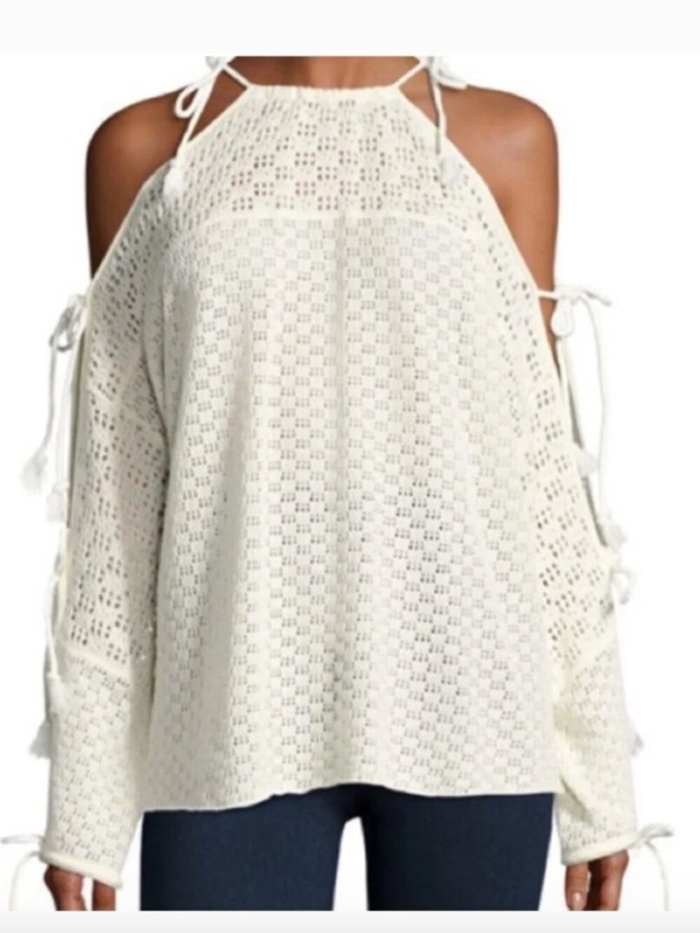 SEE BY CHLOE Cream Crochet Tie-Shoulder Top, Cloud Dancer, Cream, Size XS